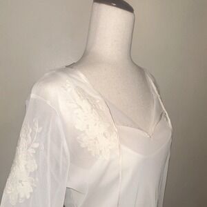 Alfani White Sheer Chiffon Embroidered V-Neck Long Sleeve Tunic Blouse M VTG NWT